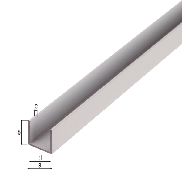 Perfil BA, en forma U, Material: Aluminio, Superficie: natural, Anchura: 10 mm, Altura: 10 mm, Espesura del material: 1 mm, Anchura de apertura: 8 mm, Longitud: 1000 mm