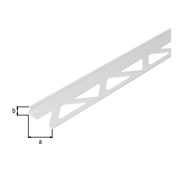 Perfil de tope para baldosas, Material: Plástico, color: blanco, Anchura: 23,5 mm, Altura: 6 mm, Longitud: 2500 mm, Espesura del material: 1,00 mm