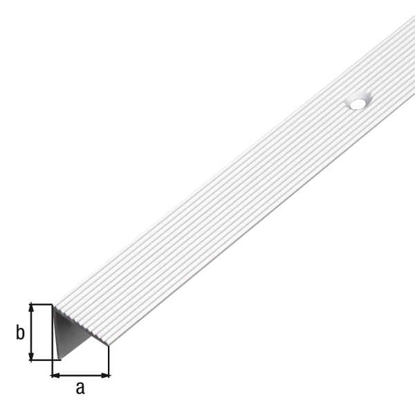 Stair nosing, with countersunk screw holes, finely riffled, Material: Aluminium, Surface: silver anodised, Width: 20 mm, Height: 20 mm, Length: 1000 mm, Material thickness: 1.80 mm