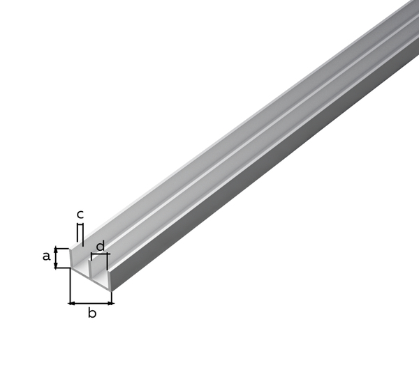 Profilé en U double, Matériau: Aluminium, Finition: couleur argent, anodisée, Hauteur: 7 mm, Largeur totale: 16 mm, Épaisseur du matériau: 1 mm, 6,5 mm, Longueur: 1000 mm