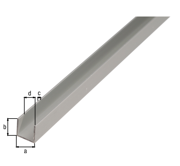 Perfil en U, Material: Aluminio, Superficie: anodizado plateado, Anchura: 20 mm, Altura: 20 mm, Espesura del material: 1,5 mm, Anchura de apertura: 17 mm, Longitud: 2600 mm
