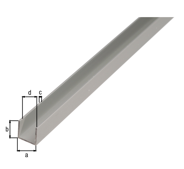 Perfil en U, Material: Aluminio, Superficie: anodizado plateado, Anchura: 15 mm, Altura: 10 mm, Espesura del material: 1,5 mm, Anchura de apertura: 12 mm, Longitud: 2600 mm