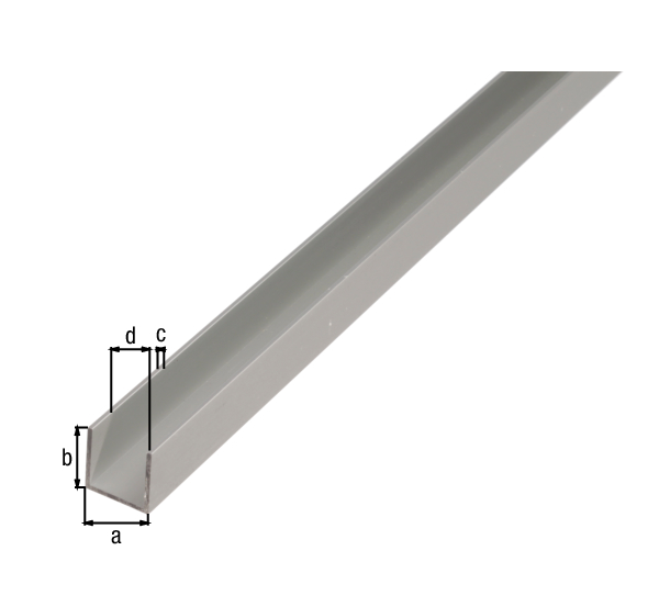 Perfil en U, Material: Aluminio, Superficie: anodizado plateado, Anchura: 8,6 mm, Altura: 12 mm, Espesura del material: 1,3 mm, Anchura de apertura: 6 mm, Longitud: 2600 mm
