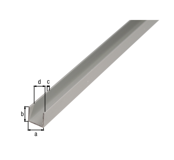 Profilé en U, Matériau: Aluminium, Finition: couleur argent, anodisée, Largeur: 15 mm, Hauteur: 15 mm, Épaisseur du matériau: 1,5 mm, Largeur d'ouverture: 12 mm, Longueur: 2600 mm