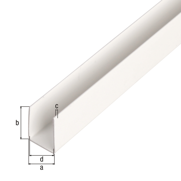 Profilé en U, Matériau: PVC, couleur : blanc, Largeur: 10 mm, Hauteur: 10 mm, Épaisseur du matériau: 1 mm, Largeur d'ouverture: 8 mm, Longueur: 1000 mm