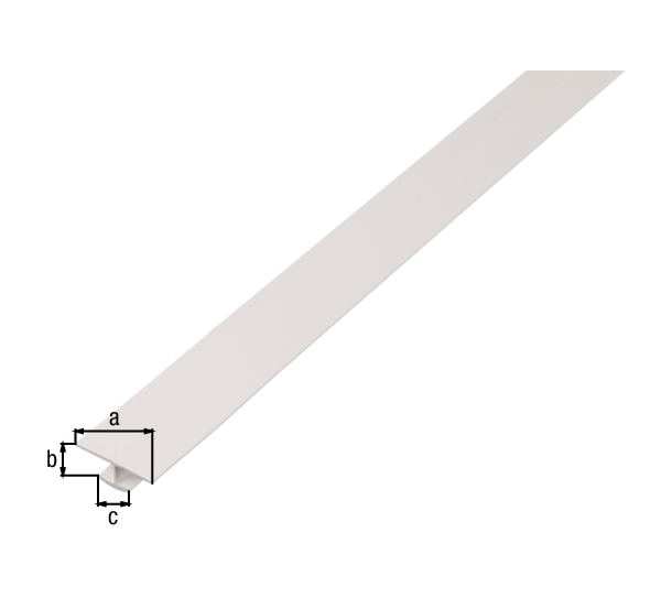 Profil H, materiał: PVC-U, kolor: biały, Szerokość u góry: 25 mm, Wysokość: 6 mm, Szerokość poniżej: 10 mm, Grubość materiału: 1 mm, Długość: 1000 mm
