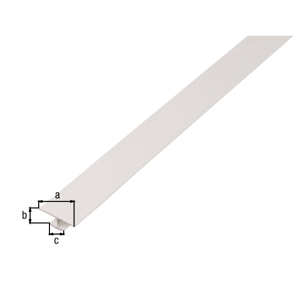 Profil H, materiał: PVC-U, kolor: biały, Szerokość u góry: 25 mm, Wysokość: 6 mm, Szerokość poniżej: 10 mm, Grubość materiału: 1 mm, Długość: 2000 mm