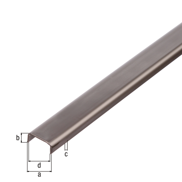 Profilé en U, Matériau: Acier inoxydable, Largeur: 16 mm, Hauteur: 10 mm, Épaisseur du matériau: 1,5 mm, Largeur d'ouverture: 13 mm, Longueur: 1000 mm