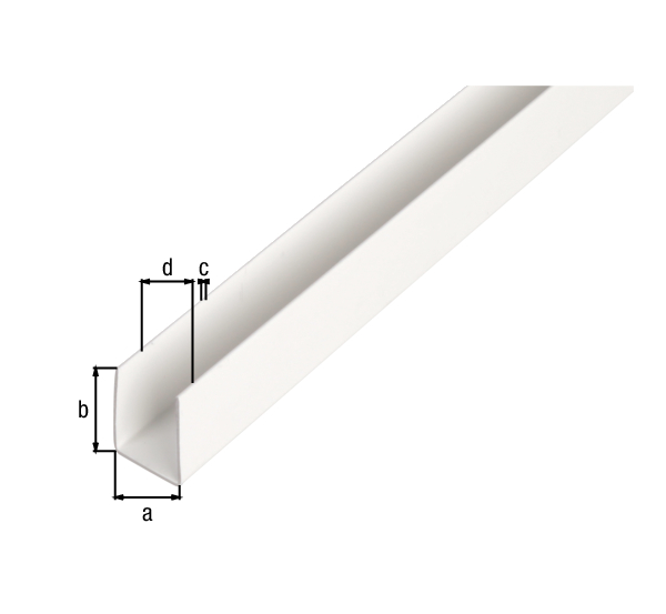 Profilo ad U, Materiale: PVC-U, colore bianco, larghezza: 10 mm, altezza: 10 mm, Spessore del materiale: 1 mm, larghezza netta: 8 mm, Lunghezza: 2600 mm