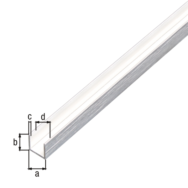 Perfil en U, con película de protección, Material: Aluminio, Superficie: diseño de acero inoxidable, claro, Anchura: 10 mm, Altura: 10 mm, Espesura del material: 1 mm, Anchura de apertura: 8 mm, Longitud: 1000 mm