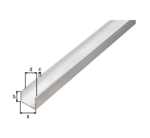 Perfil BA, en forma U, Material: Aluminio, Superficie: natural, Anchura: 30 mm, Altura: 20 mm, Espesura del material: 2 mm, Anchura de apertura: 26 mm, Longitud: 2600 mm