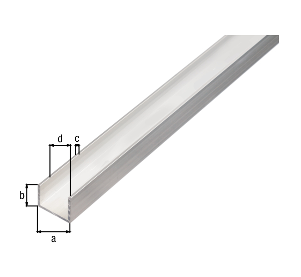 Profil BA, forma U, materiał: aluminium, powierzchnia: surowa, Szerokość: 15 mm, Wysokość: 10 mm, Grubość materiału: 1,5 mm, Szerokość światła: 12 mm, Długość: 1000 mm