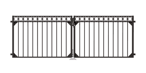 Double gate Circle, Material: Aluminium, Surface: black matt powder-coated, for setting in concrete, Type: divided in the middle, Nominal width: 3000 mm, Clear width: 3010 mm, Frame width gate leaf: 1435 mm, Frame width second gate leaf: 1435 mm, Height: 1000 mm