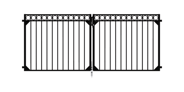 Double gate Circle, Material: Aluminium, Surface: black matt powder-coated, for setting in concrete, Type: divided in the middle, Nominal width: 3000 mm, Clear width: 3010 mm, Frame width gate leaf: 1435 mm, Frame width second gate leaf: 1435 mm, Height: 1200 mm