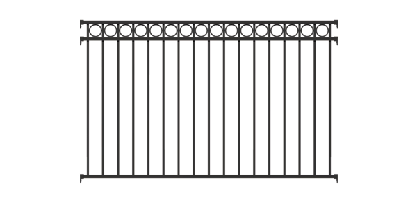 Fence panel Circle, Material: Aluminium, Surface: black matt powder-coated, Clear width: 2000 mm, Height: 1200 mm, Traverse: 38 x 25 mm, Filling bar: 16 x 16 mm