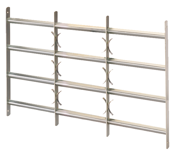 Window grille Amsterdam, for fixing in window reveal, extending grille with decorative elements, Material: raw steel, Surface: blue galvanised, Min. width: 500 mm, Max. width: 650 mm, Total height: 600 mm, No. of traverses: 4, 15-year warranty against rusting through