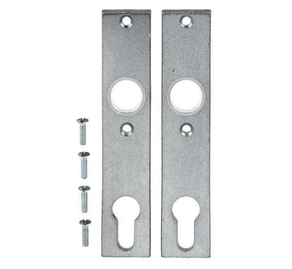 Protective plate, with countersunk screw holes, Material: raw steel, Surface: forged, galvanised, silver grey stove enamelled, Contents per PU: 2 Piece, Length: 155 mm, Width: 30 mm, Material thickness: 6.00 mm, Distance: 72 mm, 15-year warranty against rusting through, Retail packaged