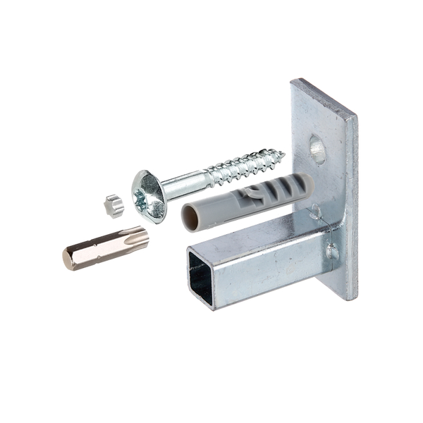 Kit de fijación para reja de ventana, montaje en cuadro, Material: Acero crudo, Superficie: galvanizado, Contenido por U.P.: 4 Juego, Alojamiento: 12 x 12 mm, 15 años de garantía contra la corrosión, Embalado SB