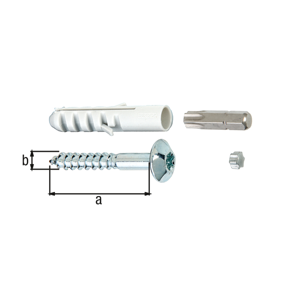 Screw set, for the fixation of window grilles, Material: raw steel, Surface: galvanised, Contents per PU: 4 Piece, Length: 50 mm, Diameter: 7 mm, 15-year warranty against rusting through, Retail packaged