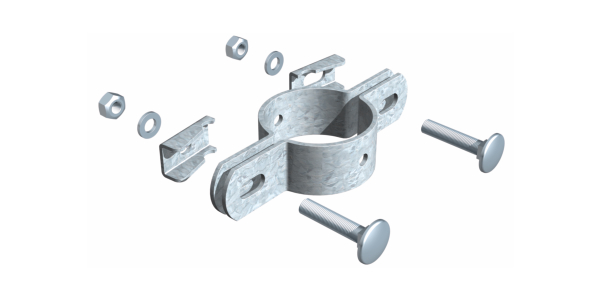 Obejma podwójna, do mocowania pól ogrodzeń do słupków, materiał: stal surowa, powierzchnia: cynkowana ogniowo, dla średnicy słupków: 34 mm, Śruba: M6, Długość śruby: 25 mm, 15 lat gwarancji na przerdzewienie