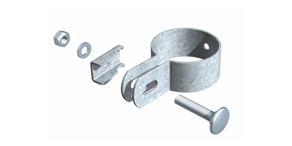 End clip, for fixing fence panels to posts, Material: raw steel, Surface: hot-dip galvanised, For posts-Ø: 34 mm, Screw: M6, Screw length: 25 mm, 15-year warranty against rusting through