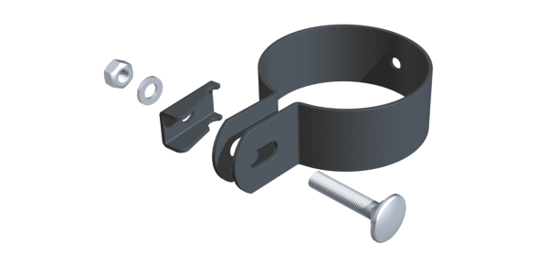 Endschelle, zur Befestigung von Zaunfeldern an Pfosten, Material: Stahl roh, Oberfläche: sendzimirverzinkt, anthrazit kunststoffbeschichtet RAL 7016, für Pfosten-Ø: 60 mm, Schraube: M6, Schraubenlänge: 25 mm, 15 Jahre Garantie gegen Durchrosten