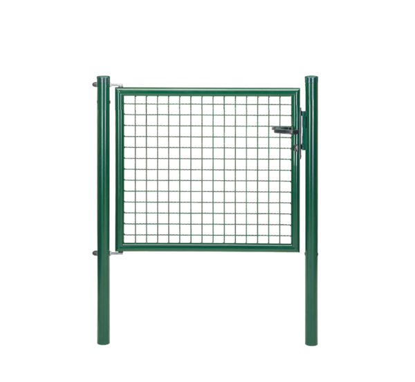 Welded mesh single gate, Material: raw steel, Surface: zinc phosphate plated, green powder-coated RAL 6005, for setting in concrete, Nominal width: 1000 mm, Clear width: 940 mm, Width from middle to middle of post: 1000 mm, Height: 750 mm, Post length: 1250 mm, Post dia.: 60 mm, Frame width: 880 mm, Frame thickness Ø: 42 mm, Filler material: 50 x 50 x 4 mm, 10-year warranty against rusting through