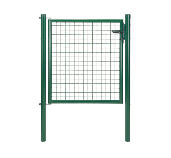 Welded mesh single gate, Material: raw steel, Surface: zinc phosphate plated, green powder-coated RAL 6005, for setting in concrete, Nominal width: 1000 mm, Clear width: 940 mm, Width from middle to middle of post: 1000 mm, Height: 1000 mm, Post length: 1500 mm, Post dia.: 60 mm, Frame width: 880 mm, Frame thickness Ø: 42 mm, Filler material: 50 x 50 x 4 mm, 10-year warranty against rusting through