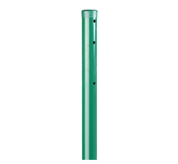 Combination post for welded mesh gates, can be used as stop or hook post, Material: raw steel, Surface: zinc phosphate plated, green powder-coated RAL 6005, for setting in concrete, Length: 1250 mm, Gate height: 750 mm, Post dia.: 60 mm, No. of holes: 8, Hole: Ø13 mm, 10-year warranty against rusting through