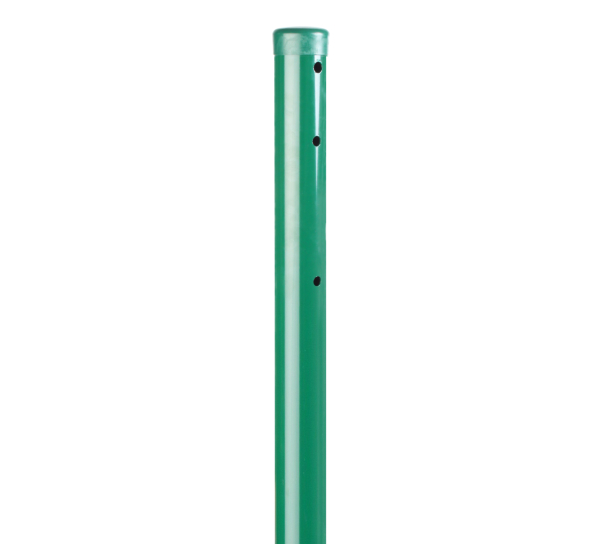 Combination post for welded mesh gates, can be used as stop or hook post, Material: raw steel, Surface: zinc phosphate plated, green powder-coated RAL 6005, for setting in concrete, Length: 1750 mm, Gate height: 1250 mm, Post dia.: 60 mm, No. of holes: 8, Hole: Ø13 mm, 10-year warranty against rusting through