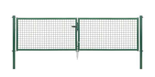 Welded mesh double gate, Material: raw steel, Surface: zinc phosphate plated, green powder-coated RAL 6005, for setting in concrete, Type: divided in the middle, Nominal width: 3000 mm, Clear width: 2928 mm, Frame width gate leaf: 1419 mm, Frame width second gate leaf: 1419 mm, Width from middle to middle of post: 2988 mm, Height: 750 mm, Post length: 1250 mm, Post dia.: 60 mm, Frame thickness Ø: 42 mm, Filler material: 50 x 50 x 4 mm, 10-year warranty against rusting through