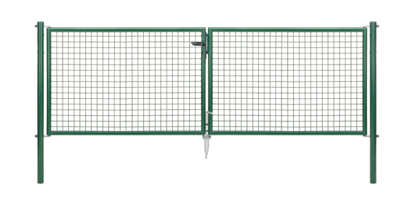 Welded mesh double gate, Material: raw steel, Surface: zinc phosphate plated, green powder-coated RAL 6005, for setting in concrete, Type: divided in the middle, Nominal width: 3000 mm, Clear width: 2928 mm, Frame width gate leaf: 1419 mm, Frame width second gate leaf: 1419 mm, Width from middle to middle of post: 2988 mm, Height: 1000 mm, Post length: 1500 mm, Post dia.: 60 mm, Frame thickness Ø: 42 mm, Filler material: 50 x 50 x 4 mm, 10-year warranty against rusting through