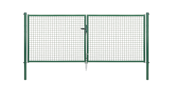 Welded mesh double gate, Material: raw steel, Surface: zinc phosphate plated, green powder-coated RAL 6005, for setting in concrete, Type: divided in the middle, Nominal width: 3000 mm, Clear width: 2928 mm, Frame width gate leaf: 1419 mm, Frame width second gate leaf: 1419 mm, Width from middle to middle of post: 2988 mm, Height: 1250 mm, Post length: 1750 mm, Post dia.: 60 mm, Frame thickness Ø: 42 mm, Filler material: 50 x 50 x 4 mm, 10-year warranty against rusting through