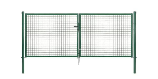 Wellengitter-Doppeltor, Material: Stahl roh, Oberfläche: zinkphosphatiert, grün kunststoffbeschichtet RAL 6005, zum Einbetonieren, Ausführung: mittig geteilt, Nennbreite: 3000 mm, lichte Breite: 2928 mm, Rahmenbreite Schließflügel: 1419 mm, Rahmenbreite Zweitflügel: 1419 mm, Breite von Mitte zu Mitte Pfosten: 2988 mm, Höhe: 1250 mm, Pfostenlänge: 1750 mm, Pfosten-Ø: 60 mm, Rahmenstärke-Ø: 42 mm, Material Füllung: 50 x 50 x 4 mm, 10 Jahre Garantie gegen Durchrosten