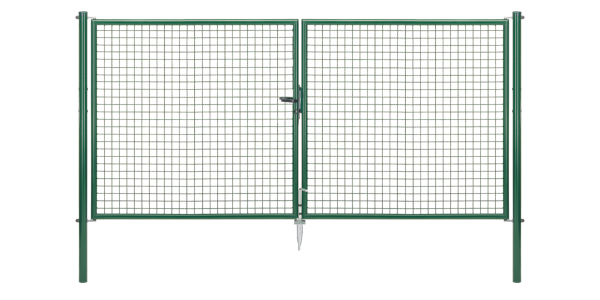 Welded mesh double gate, Material: raw steel, Surface: zinc phosphate plated, green powder-coated RAL 6005, for setting in concrete, Type: divided in the middle, Nominal width: 3000 mm, Clear width: 2928 mm, Frame width gate leaf: 1419 mm, Frame width second gate leaf: 1419 mm, Width from middle to middle of post: 2988 mm, Height: 1500 mm, Post length: 2000 mm, Post dia.: 60 mm, Frame thickness Ø: 42 mm, Filler material: 50 x 50 x 4 mm, 10-year warranty against rusting through