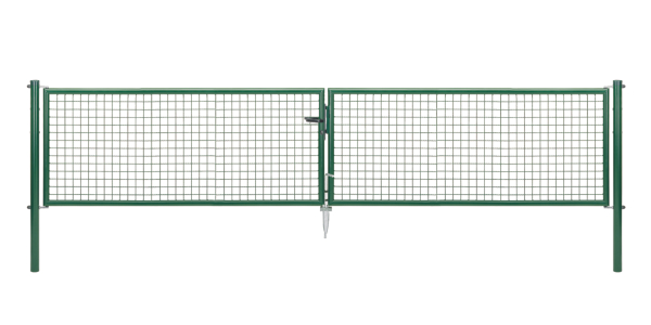 Welded mesh double gate, Material: raw steel, Surface: zinc phosphate plated, green powder-coated RAL 6005, for setting in concrete, Type: divided in the middle, Nominal width: 4000 mm, Clear width: 3928 mm, Frame width gate leaf: 1919 mm, Frame width second gate leaf: 1919 mm, Width from middle to middle of post: 4004 mm, Height: 750 mm, Post length: 1250 mm, Post dia.: 76 mm, Frame thickness Ø: 42 mm, Filler material: 50 x 50 x 4 mm, 10-year warranty against rusting through