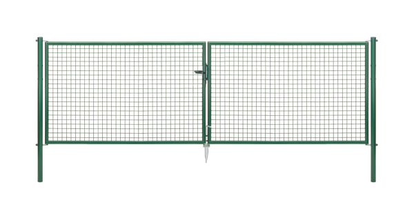 Welded mesh double gate, Material: raw steel, Surface: zinc phosphate plated, green powder-coated RAL 6005, for setting in concrete, Type: divided in the middle, Nominal width: 4000 mm, Clear width: 3928 mm, Frame width gate leaf: 1919 mm, Frame width second gate leaf: 1919 mm, Width from middle to middle of post: 4004 mm, Height: 1250 mm, Post length: 1750 mm, Post dia.: 76 mm, Frame thickness Ø: 42 mm, Filler material: 50 x 50 x 4 mm, 10-year warranty against rusting through