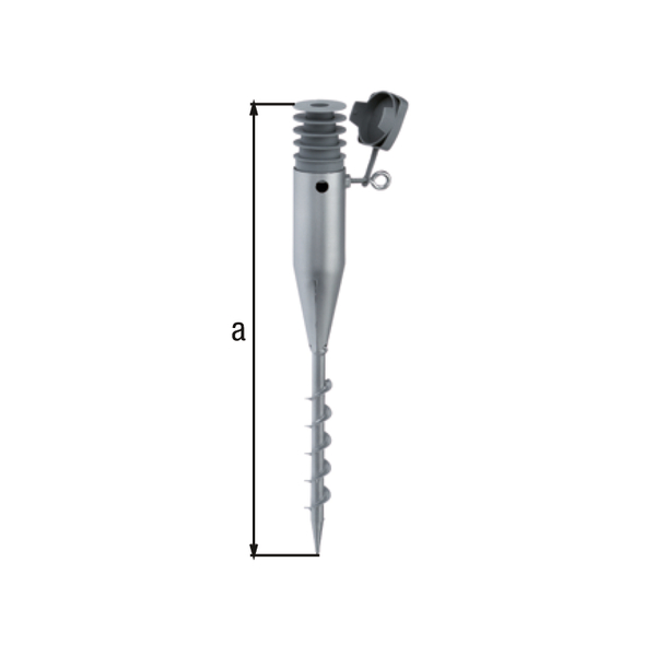 Einschraub-Bodenhülse für Rohrpfosten, Material: Stahl roh, Oberfläche: feuerverzinkt, Gesamtlänge: 570 mm, Gesamtlänge ohne Einsätze: 550 mm, Einschraubtiefe: 510 mm, 15 Jahre Garantie gegen Durchrosten