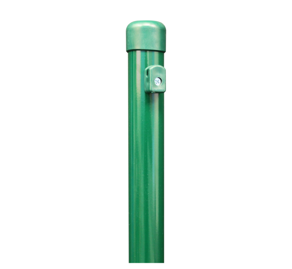 Fence post for wire mesh fences, Material: raw steel, Surface: zinc phosphate plated, green powder-coated RAL 6005, for setting in concrete, Length: 1750 mm, Post dia.: 34 mm, Mesh height: 1250 mm, 10-year warranty against rusting through