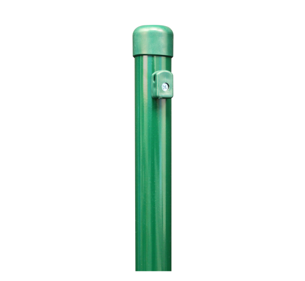 Zaunpfosten für Maschendrahtzäune, Material: Stahl roh, Oberfläche: zinkphosphatiert, grün kunststoffbeschichtet RAL 6005, zum Einbetonieren, Länge: 1750 mm, Pfosten-Ø: 34 mm, Geflechthöhe: 1200 mm, 10 Jahre Garantie gegen Durchrosten