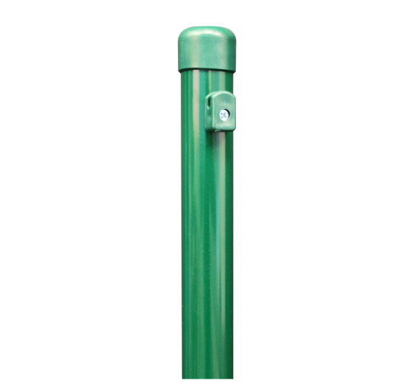 Fence post for wire mesh fences, shortened, for the fixation with fence post spikes, Material: raw steel, Surface: zinc phosphate plated, green powder-coated RAL 6005, Length: 1915 mm, Post dia.: 38 mm, Mesh height: 1750 mm, 10-year warranty against rusting through