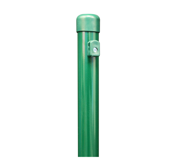 Fence post for wire mesh fences, shortened, for the fixation with fence post spikes, Material: raw steel, Surface: zinc phosphate plated, green powder-coated RAL 6005, Length: 2165 mm, Post dia.: 38 mm, Mesh height: 2000 mm, 10-year warranty against rusting through