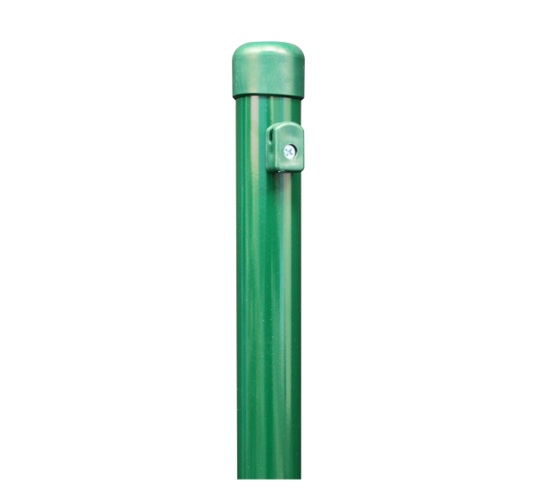 Fence post for wire mesh fences, Material: raw steel, Surface: zinc phosphate plated, green powder-coated RAL 6005, for setting in concrete, Length: 1750 mm, Post dia.: 38 mm, Mesh height: 1250 mm, 10-year warranty against rusting through