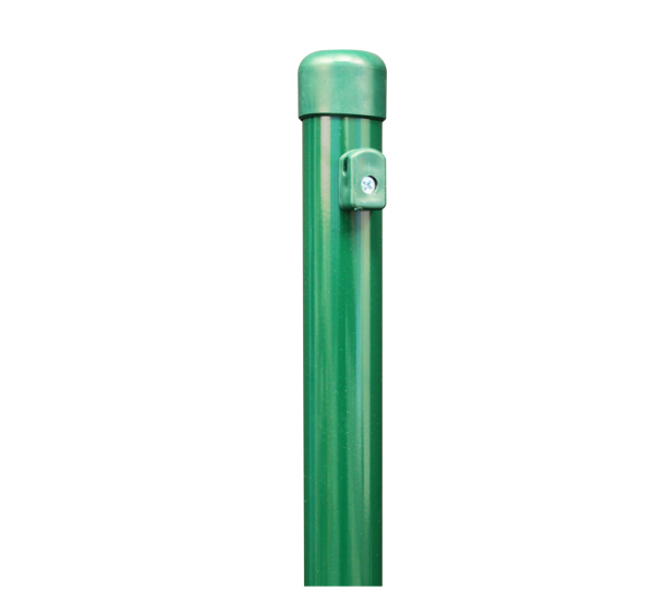 Zaunpfosten für Maschendrahtzäune, Material: Stahl roh, Oberfläche: zinkphosphatiert, grün kunststoffbeschichtet RAL 6005, zum Einbetonieren, Länge: 2500 mm, Pfosten-Ø: 38 mm, Geflechthöhe: 2000 mm, 10 Jahre Garantie gegen Durchrosten