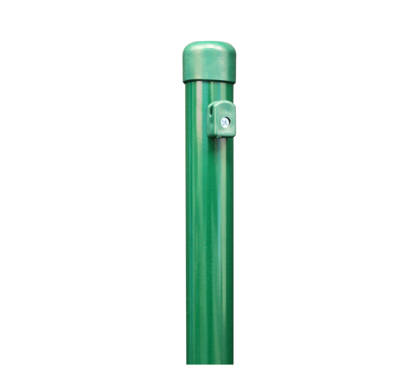 Fence post for wire mesh fences, Material: raw steel, Surface: zinc phosphate plated, green powder-coated RAL 6005, for setting in concrete, Length: 1750 mm, Post dia.: 38 mm, Mesh height: 1200 mm, 10-year warranty against rusting through