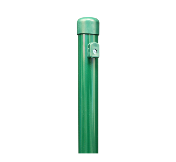 Zaunpfosten für Maschendrahtzäune, Material: Stahl roh, Oberfläche: zinkphosphatiert, grün kunststoffbeschichtet RAL 6005, zum Einbetonieren, Länge: 1750 mm, Pfosten-Ø: 38 mm, Geflechthöhe: 1200 mm, 10 Jahre Garantie gegen Durchrosten