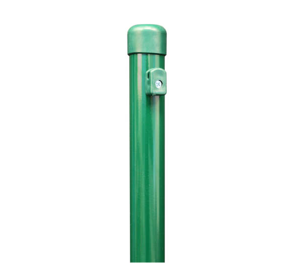 Fence post for wire mesh fences, Material: raw steel, Surface: zinc phosphate plated, green powder-coated RAL 6005, for setting in concrete, Length: 2000 mm, Post dia.: 42 mm, Mesh height: 1500 mm, 10-year warranty against rusting through