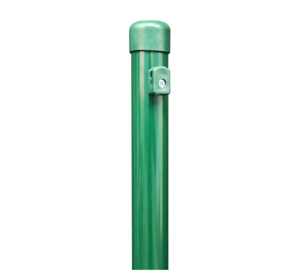 Fence post for wire mesh fences, Material: raw steel, Surface: zinc phosphate plated, green powder-coated RAL 6005, for setting in concrete, Length: 2500 mm, Post dia.: 42 mm, Mesh height: 2000 mm, 10-year warranty against rusting through