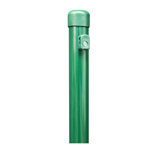 Zaunpfosten für Maschendrahtzäune, Material: Stahl roh, Oberfläche: zinkphosphatiert, grün kunststoffbeschichtet RAL 6005, zum Einbetonieren, Länge: 2500 mm, Pfosten-Ø: 48 mm, Geflechthöhe: 2000 mm, 10 Jahre Garantie gegen Durchrosten