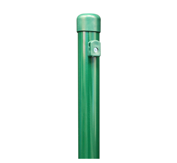 Fence post for wire mesh fences, shortened, for the fixation with fence post spikes, Material: raw steel, Surface: zinc phosphate plated, green powder-coated RAL 6005, Length: 1415 mm, Post dia.: 34 mm, Mesh height: 1250 mm, 10-year warranty against rusting through